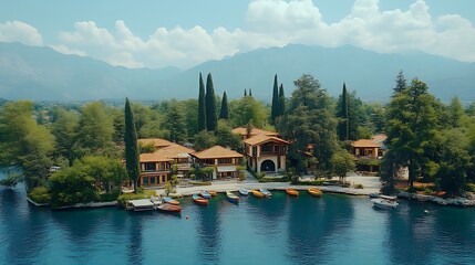 Naklejka premium Lakeside Villa Resort Nestled Among Mountains and Cypress Trees