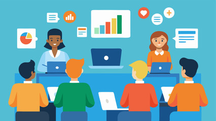 Tech Training Workshop A diverse group of teachers gathered around laptops in a classroom setting as an EdTech Spet leads a training session with animated graphs and icons of