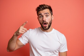 A Surprised Young Caucasian Man in a White T-shirt Against a Coral Background, Expressing Shock and Interest with His Open Mouth and Raised Finger