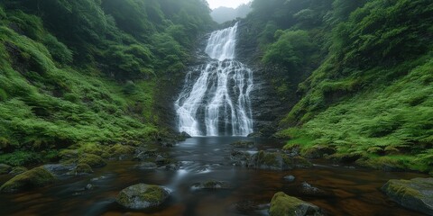 Serene Waterfall in Lush Green Forest Landscape with Misty Atmosphere and Cascading Water Flowing into Clear Stream Surrounded by Verdant Foliage and Rocks