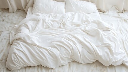 Cozy unmade white bedding arrangement in natural light, sleep concept