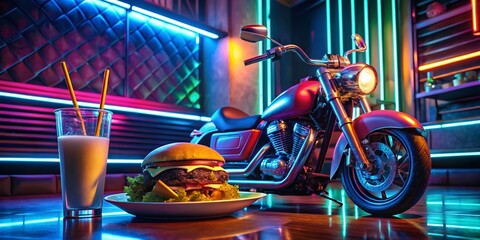 Neon Motorcycle Night Food Photography: Burger & Fries