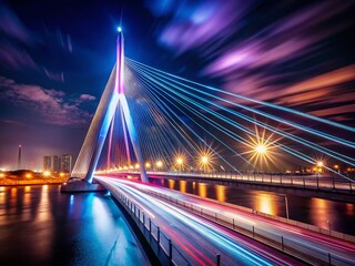 Obraz premium Netherlands Cable-Stayed Bridge at Night, Long Exposure Photography
