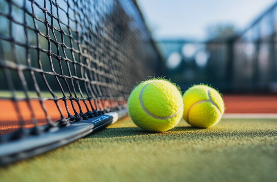 Tennis Ball by the Net on a Court – A stunning sports image showcasing a bright green ball lying near the net, symbolizing match intensity and focus in competitive tennis.

