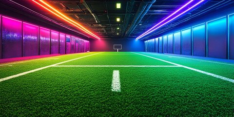 Green Football Turf Under Vivid Colorful Lights for a Dynamic Stadium Atmosphere