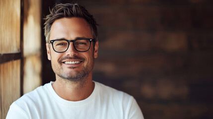 Obraz premium A handsome man with black glasses, smiling and looking at the camera, generative AI