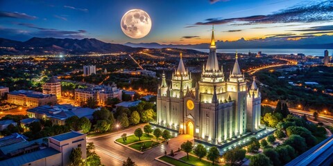 Fototapeta premium Night Aerial View of Salt Lake City Temple with Moon