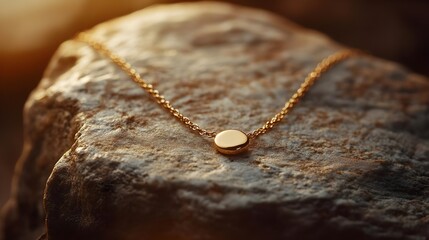 Fototapeta premium A Glimmering Gold Necklace Artfully Resting on a Natural Stone at Dusk