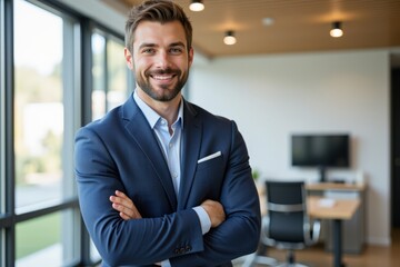 Obraz premium Confident Young Caucasian Male Professional Smiling in a Modern Office Setting with Natural Light and a Stylish Interior, Highlighting Entrepreneurial Vibes