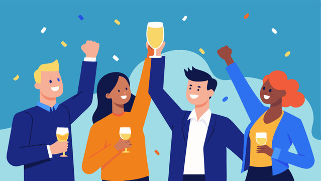 Success Celebration A celebratory scene where a consultant and a team of contributors are toasting to the success of a newly launched product that resulted from crowdsourced