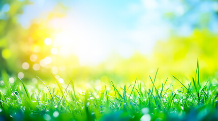 Obraz premium Sunny spring meadow with a blurred nature background, featuring a clear blue sky and vibrant green grass, creating a serene and peaceful atmospher