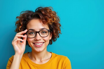 Obraz premium Joyful Young Woman with Curly Hair Wearing Glasses Against a Vibrant Blue Background, Exuding Confidence and Positivity