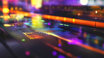 A closeup of a digital engagement station within the arena where fans can interact with holographic elements such as player statistics and game highlights while colorful light patterns