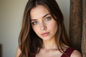 Fototapeta premium A portrait of a young adult woman with long brown hair and striking blue eyes, showcasing natural beauty and serene expression. Captured in a softly lit indoor setting.
