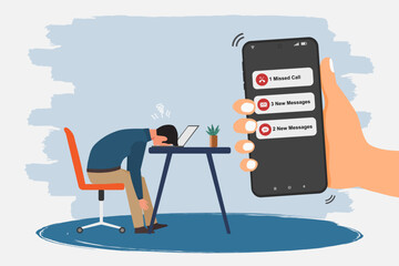 Hand holding a smartphone with missed call and new message notification on screen. A worker who fell asleep at his desk. Burnout or frustrated worker concept. Vector illustration.
