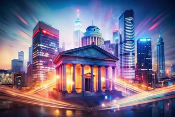 Fototapeta premium Night Deposit Box: Double Exposure of Cityscape and Bank ATM