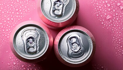 Obraz premium Pink soda cans in water drops, top view