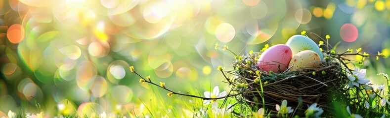 Fototapeta premium Colorful Easter eggs in a bird nest on a spring meadow, surrounded by flowers and soft sunlight, bringing holiday cheer.