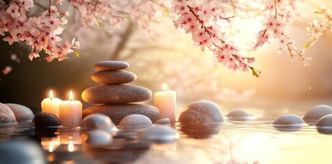 Obraz premium Serene sunset, zen garden, stones, candles, blossoms. Spa relaxation