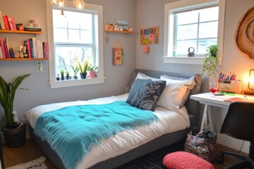 Fototapeta premium Cozy bedroom with teal blanket, plants, and desk.