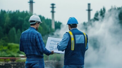 Engineers Reviewing Blueprint at Industrial Plant
