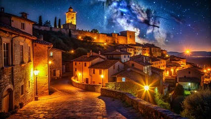 Obraz premium Night Photography: Enchanting Montecatini Alto, Italy - Historic Tuscan Town, Illuminated Streets, Starry Sky