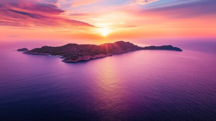 Fototapeta premium A Vast Ocean with Small Islands Dotting the Horizon at Sunset By Generated AI