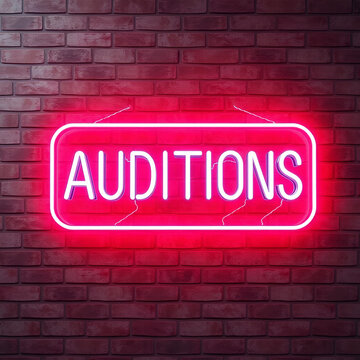 Neon Sign on Brick Wall background - Auditions. 3d rendering