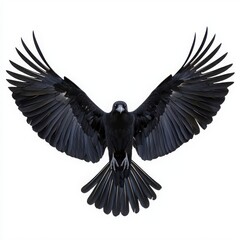 Naklejka premium A striking black bird with outstretched wings, showcasing intricate feather details against a white background.