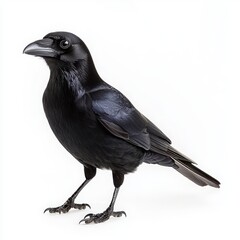 Obraz premium A sleek black raven stands upright, showcasing its glossy feathers and sharp beak, embodying mystery and intelligence.