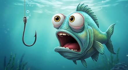 Cartoon Fish Scared of Fishing Hook Underwater Funny Animal Concept