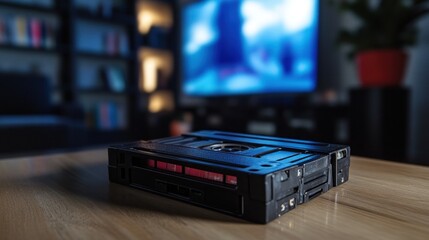 Retro VHS Cassette Tape on Wooden Table with Blurred Background