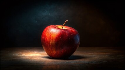 Night Photography: Red Apple Glowing in Darkness - Stock Photo