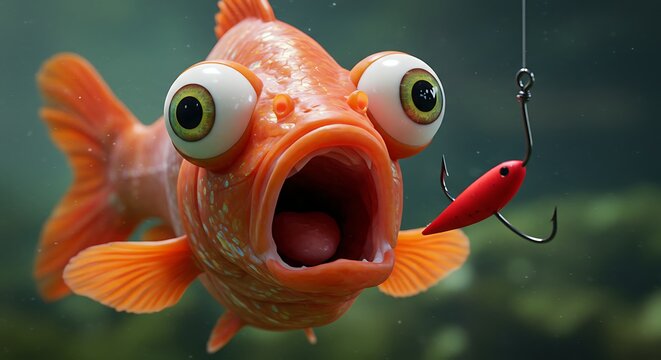 Surprised Goldfish Looking at Red Fishing Lure Suspended in Water - Powered by Adobe