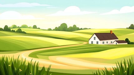 Scenic Countryside Landscape with Farmhouse and Rolling Green Hills