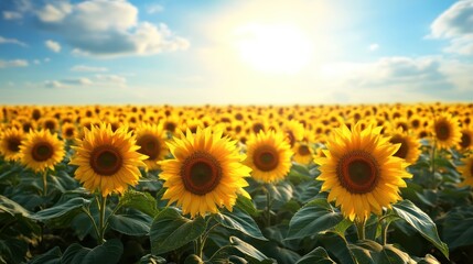 Fototapeta premium A Field of Sunflowers Stretching Toward the Horizon By Generated AI