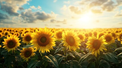 Obraz premium A Field of Sunflowers Stretching Toward the Horizon By Generated AI