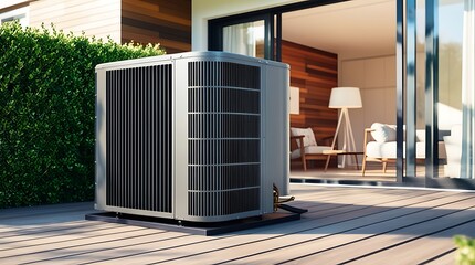 Modern heat pump unit installed outside a contemporary home, showcasing energy-efficient HVAC technology for sustainable heating and cooling solutions in residential buildings.

