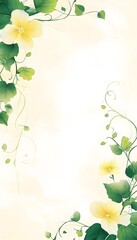 Fototapeta premium Delicate flowers and green leaves frame the light yellow background