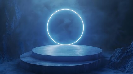 Mysterious Blue Light in a Foggy Cave Setting at Dusk