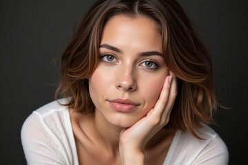 Obraz premium A striking close-up portrait of a young Caucasian woman in her twenties with soft features and shoulder-length hair, thoughtfully resting her chin on her hand against a dark background.