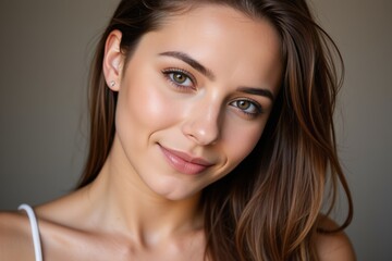 Obraz premium Captivating Portrait of a Young Caucasian Woman in Natural Light Showcasing Her Beautiful Features and Warm Smile, Perfect for Beauty or Lifestyle Themes