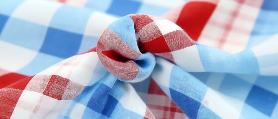 Fototapeta premium Dynamic Blue and Red Checkered Fabric Knot Abstract Pattern Textile Design Detailed Weave