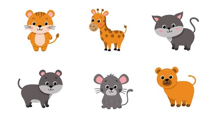 Cartoon Animals Illustration Cute Tiger Giraffe Cat Mouse and Bear