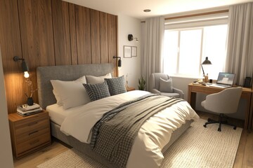 Cozy bedroom with wood accent wall, workspace, and natural light.