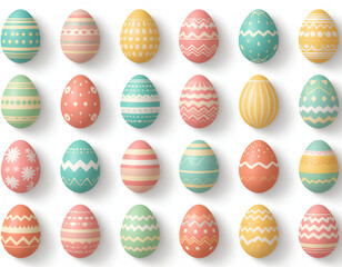 Fototapeta premium Decorative Easter Eggs with Patterns and Stripes on a White Background 