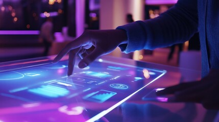 A closeup of a holographic kiosks interface showcasing customizable options for event registration. Bright interactive 3D elements hover in midair and a user reaches out to select preferences