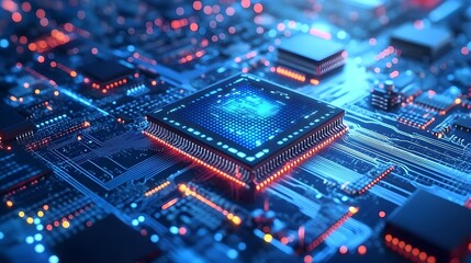 Futuristic Circuit Board with Glowing Microchips in a High-Tech Environment
