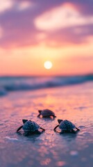 Baby turtles crawling pastel sunset beach