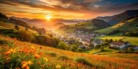Orange Wildflower Valley Village - Idyllic Rural Landscape Stock Photo